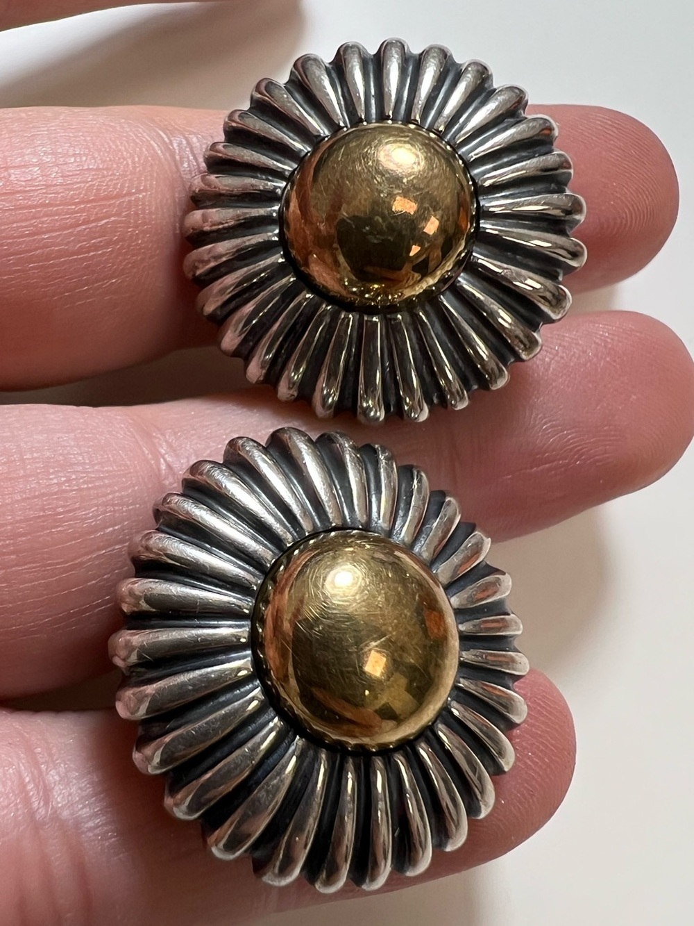 VTG Lagos Caviar 18K gold and Sterling silver sunburst button earrings